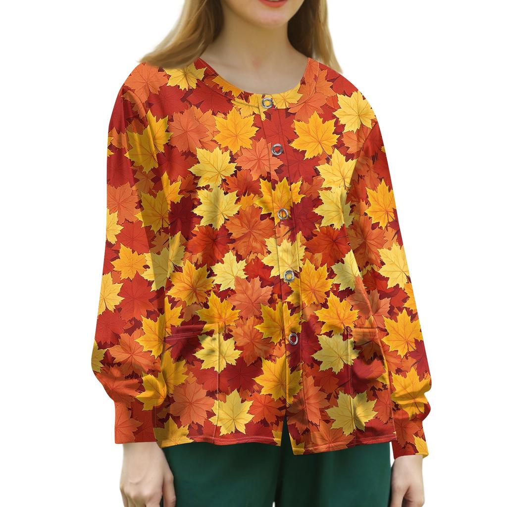 Women's Caregiver Uniform Cardigan Long Sleeve Single Breasted Leaf Print Casual Work Top