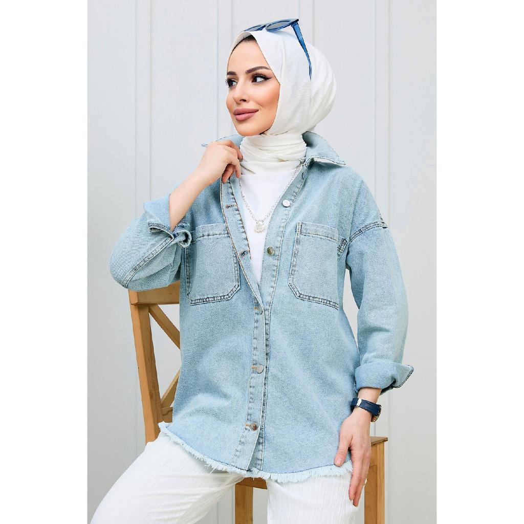 Straight Shirt Collar Women's Blue Denim Shirt - 11394