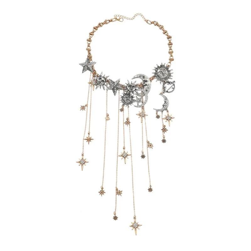 

Exaggerated Multi Layer Tassel Necklace Rhinestone Pendant with Sun Moon Star Charm Boho Long Statement Jewelry for Women