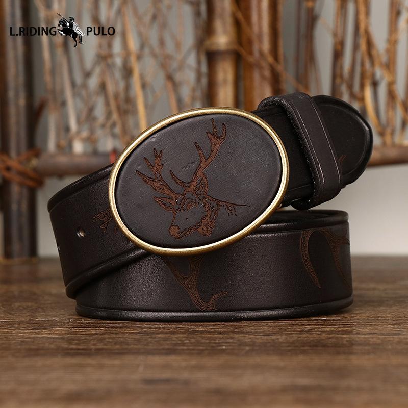 Cintura Trendy con Fibbia Liscia a Motivo Intagliato Retro Uomo Vera Pelle Primo Strato Pelle Bovina Cintura con Fibbia Uomo