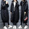 Long glossy down cotton-padded jacket, new large size loose over the knee, black cotton-padded jacket, women's winter clothing