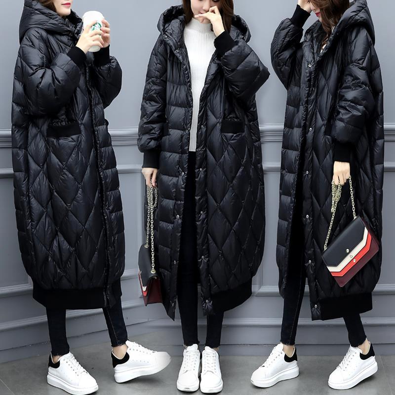 Long glossy down cotton-padded jacket, new large size loose over the knee, black cotton-padded jacket, women's winter clothing