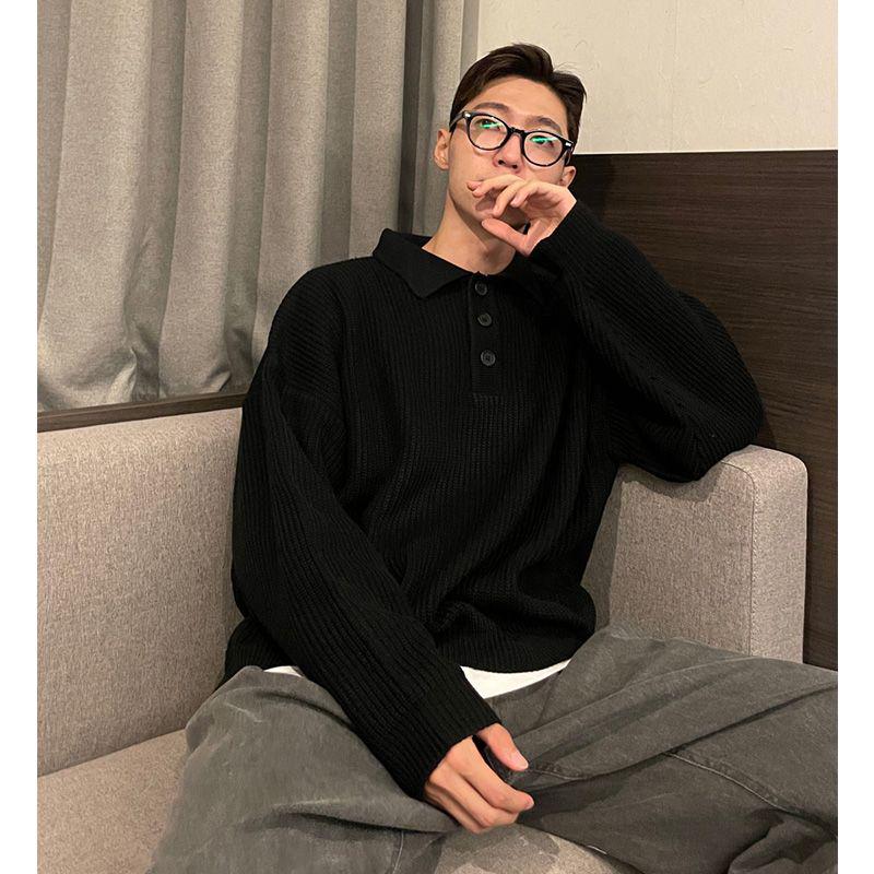 Men's Oversized Polo Collar Knit Sweater - Solid Color, Korean Style, High-Grade Lapel Sweater