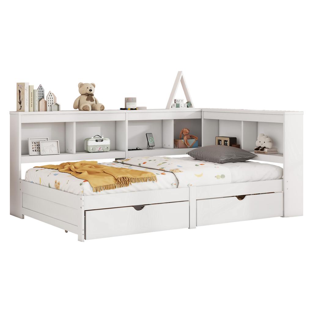 Daybed, 90 x 200 cm, Sofa Bed, Day Bed with Two Drawers, with Socket and 2 USB Ports, Bed with Slatted Frame (without Mattress), Chipboard, White