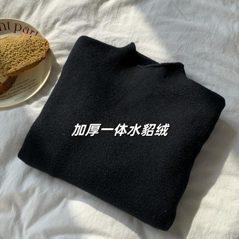 Soft waxy semi-turtleneck sweater women's spring slim-fit pullover knitted inside with integrated thick velvet bottoming shirt, top tide