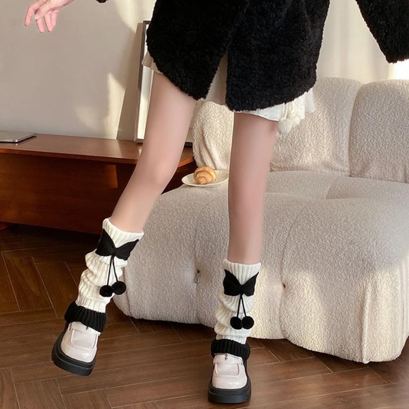 Fashionable Women's Leg Warmers Ribbed Socks Elastic Lace Trim with Cute Bows and Fuzzy Ball Winter Accessories