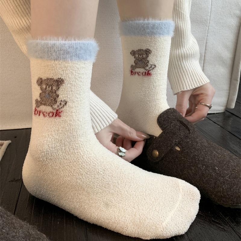 Baby Fleece Is Coming~ Jiefiti Thickened Thermal Socks Plaid Bow Cartoon Bear Stacking Socks