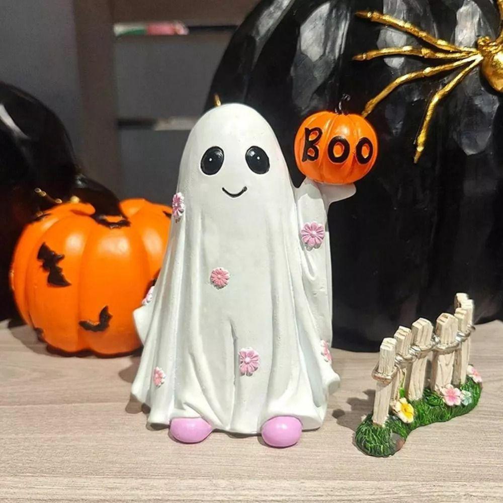 Cartoon Ghost Hold Pumpkin Sculpture Mini Resin Ghost Ornament Halloween Ghost Figurine  Desktop