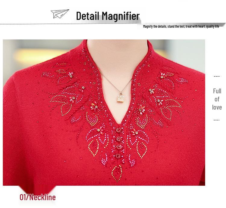 Autumn 2023 Stylish Cheongsam Collar Knit Top for Middle-aged & Elderly Women, Plus Size, Enhances Elegance