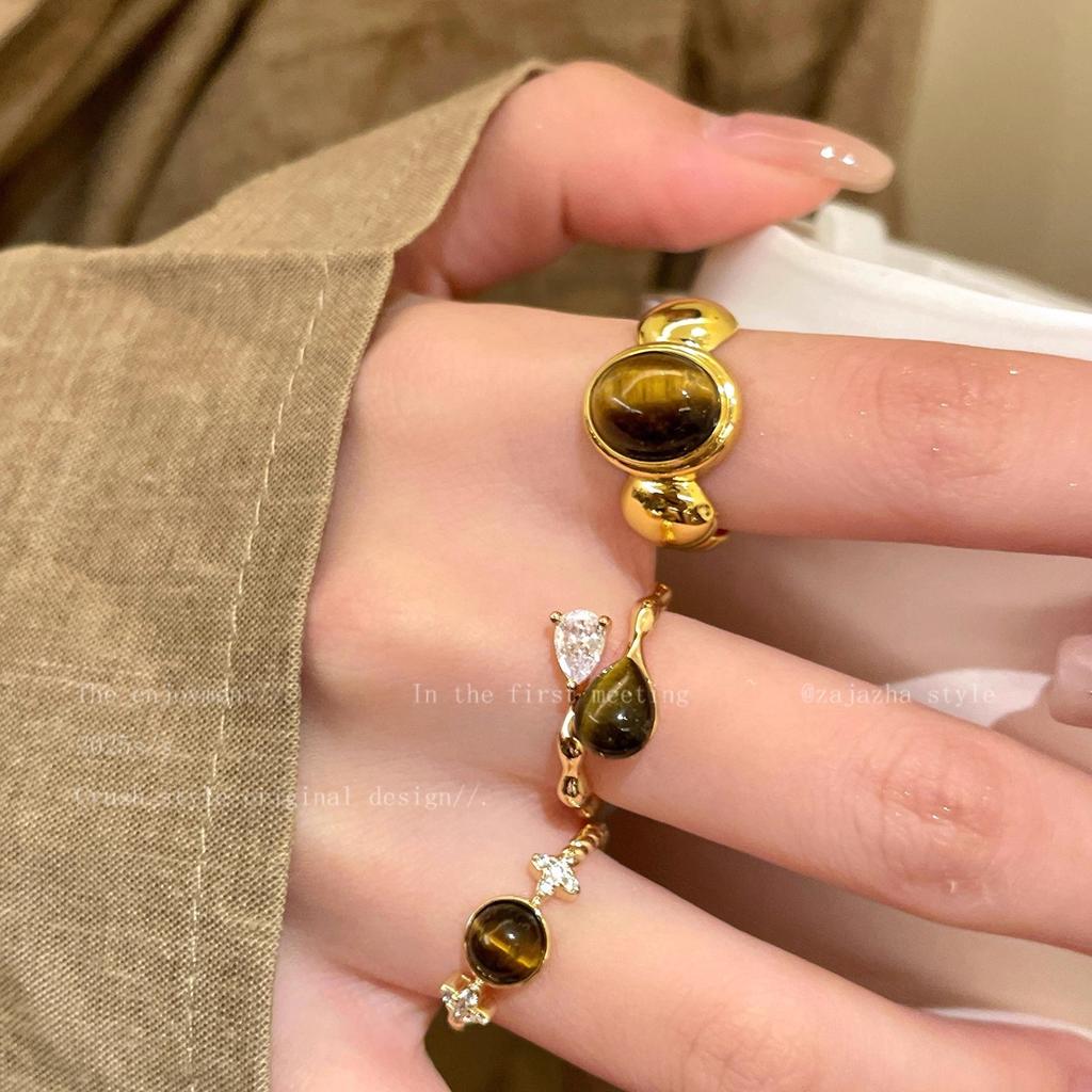 Maillard Tiger's Eye Stone Gold Ring Adjustable Index Finger Ring Stacked Wear Ring