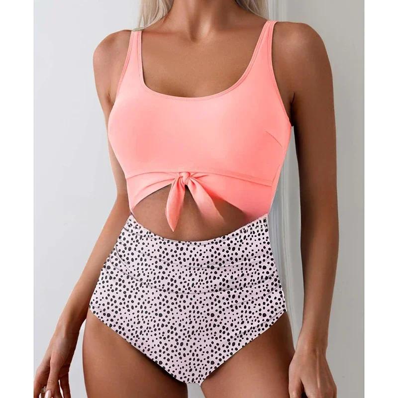 Ruched Tie-Knot Tummy Control One-Piece Swimsuit Patchwork Printing Women Bandage High Waist Vacation Beach Resort Bathing Suit