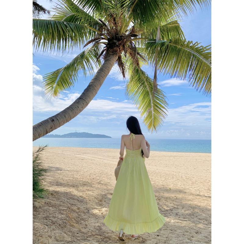 Yellow Three-dimensional Flower Lotus Leaf Edge Neck Skirt Women's Summer Seaside Vacation Fried Street Unique Beautiful Dress