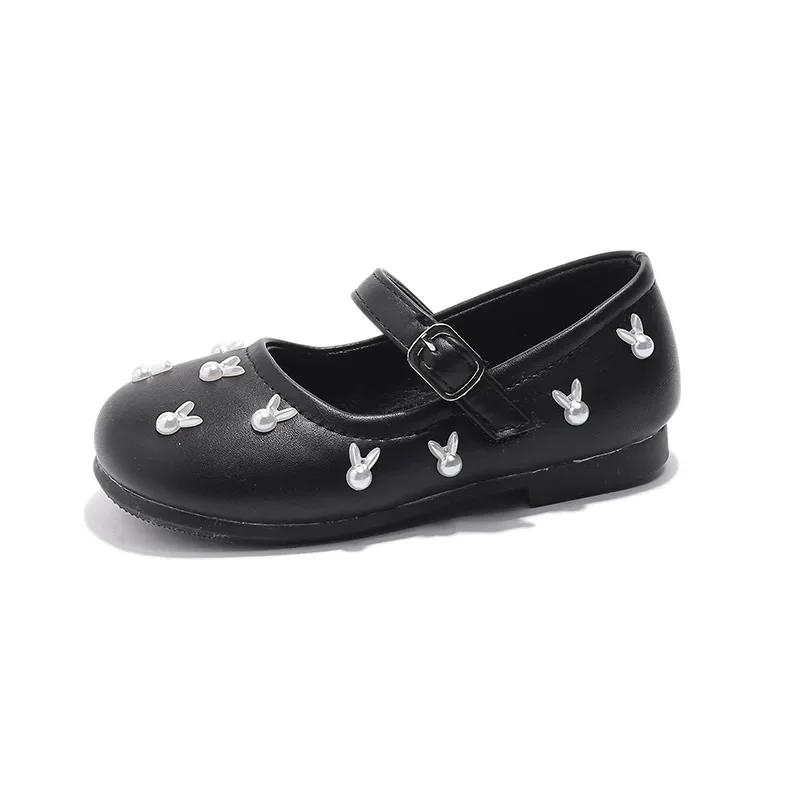Children Flat Shoes with Sweet Rabbits Kids Princess Shoes Non-slip Soft Sole 2025 New Fashion Girls Leather Shoes Round Toes