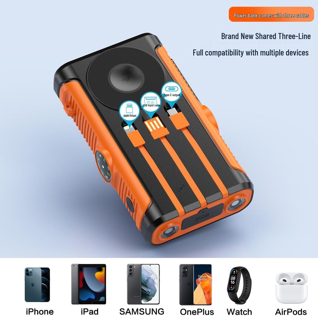 Solar Hand-Crank Power Bank & Magnetic Wireless Charger with PD 22.5W Fast Charging & Built-in Cable - Camping Mobile Power Supply.