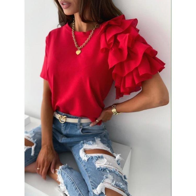 Women Casual Fashion Short Sleeve O Neck Solid Color Print Blouses Shirts for Spring Summer