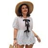 Women's Spring and Summer Casual Solid Color V-neck Hollow Waist Short Sleeve Top