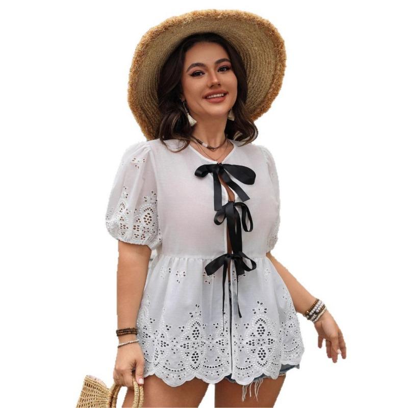 Women's Spring and Summer Casual Solid Color V-neck Hollow Waist Short Sleeve Top