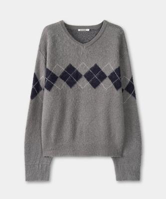 EXCONTAINER Hairy Argyle V-Neck Knit (Grey)