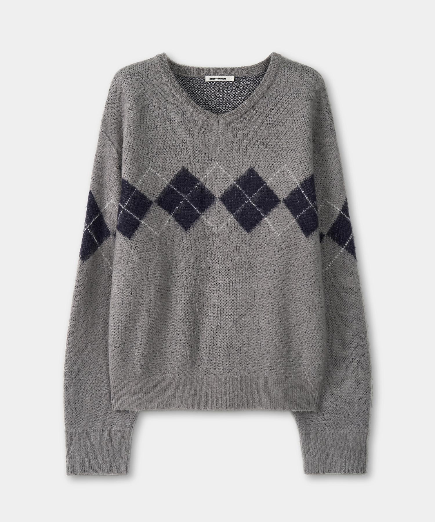 X Container Hairy Argyle V-Neck Knit (Grey) Grey/L