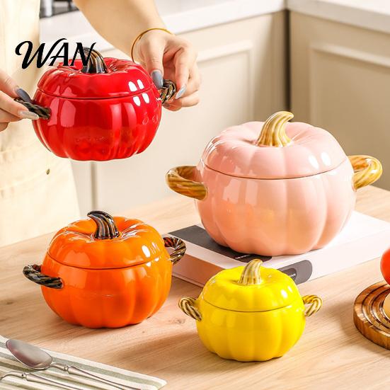 Ciotola da Zuppa con Coperchio, Manico Doppio, Zucca, Adatta al Microonde, Decorativa, Pratica, Regalo Cucina per Casa, Ciotola in Ceramica, Pentola Resistente al Calore per Stufati