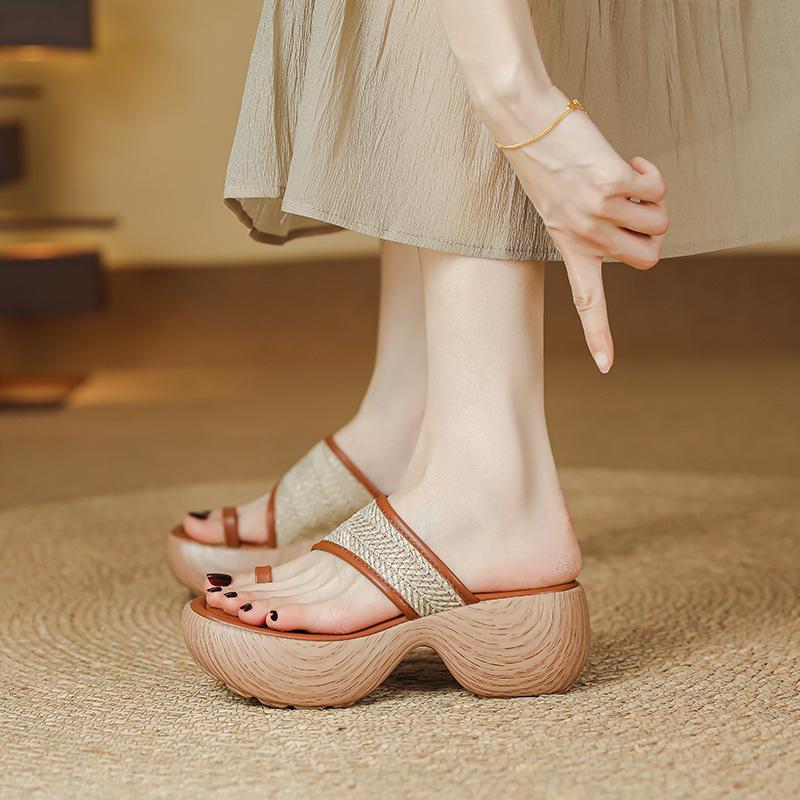 French holiday style platform slippers women's shoes retro straw sleeve toe with sandals muffin sole high heel Roman shoes