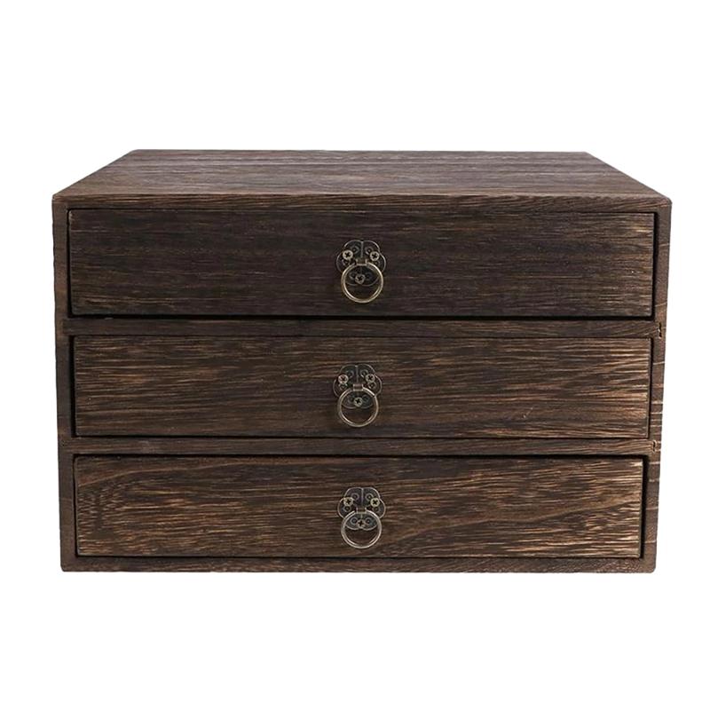 1Pcs Solid Wood Storage Desk Box Retro Drawer Type Desktop Organizer Office Desktop Jewelry Cosmetic Organizer