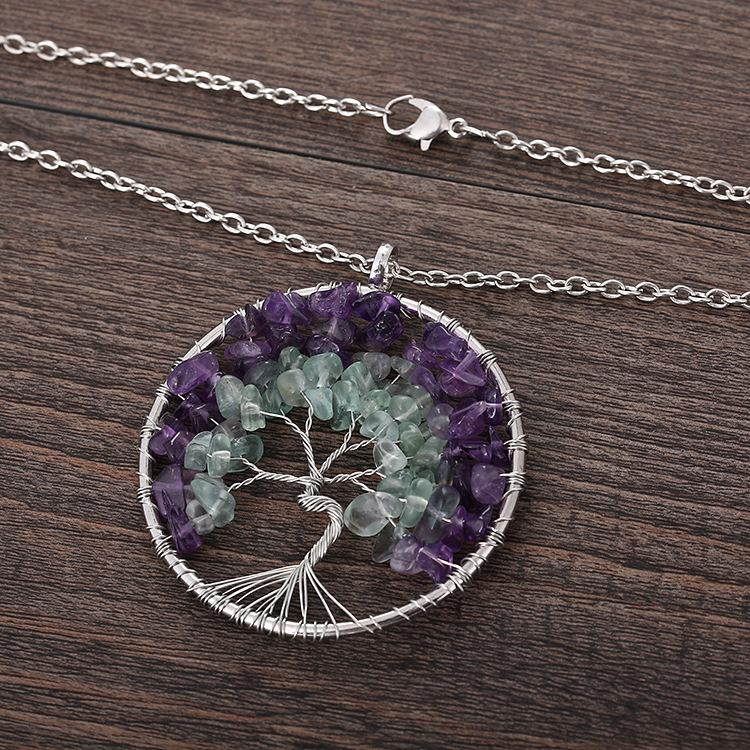 Handmade Man Winding Amethyst Fluorite Tree Of Life Necklace Fortune Tree Woven Necklace N139