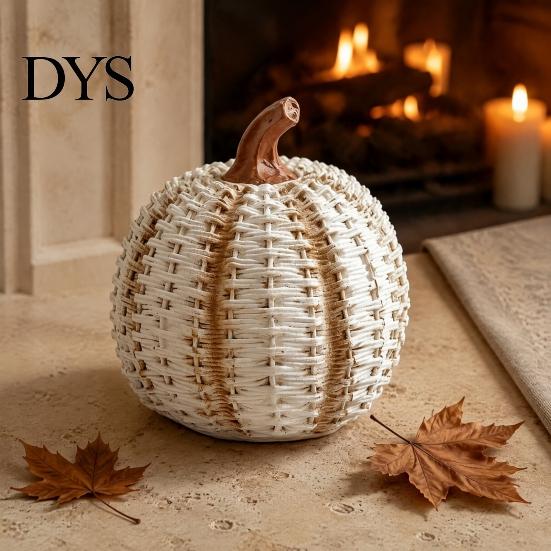 Simulated Rattan Texture Craft Faux Woven Pumpkin Ornament, Resin Decorative Figurine, Rustic Decor Farmhouse Desktop Decoration for Halloween Harvest