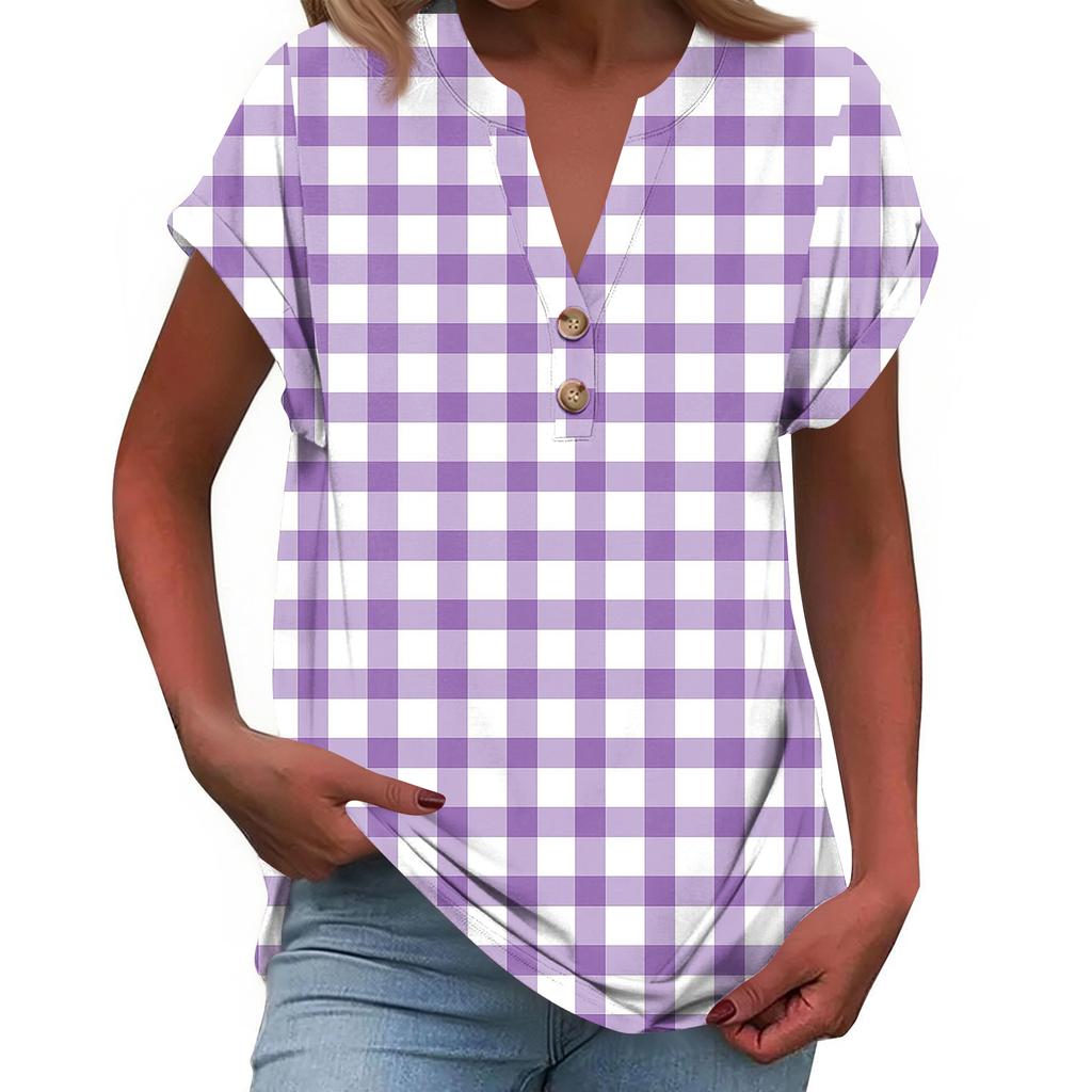 Modisches Lässiges Locker Geschnittenes Kurzärmeliges Knöpfbares V-Ausschnitt Bedrucktes T-Shirt Top für Damen