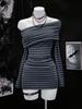 Autumn Winter Off-Shoulder Striped Long-Sleeve Bodycon Y2K Dress