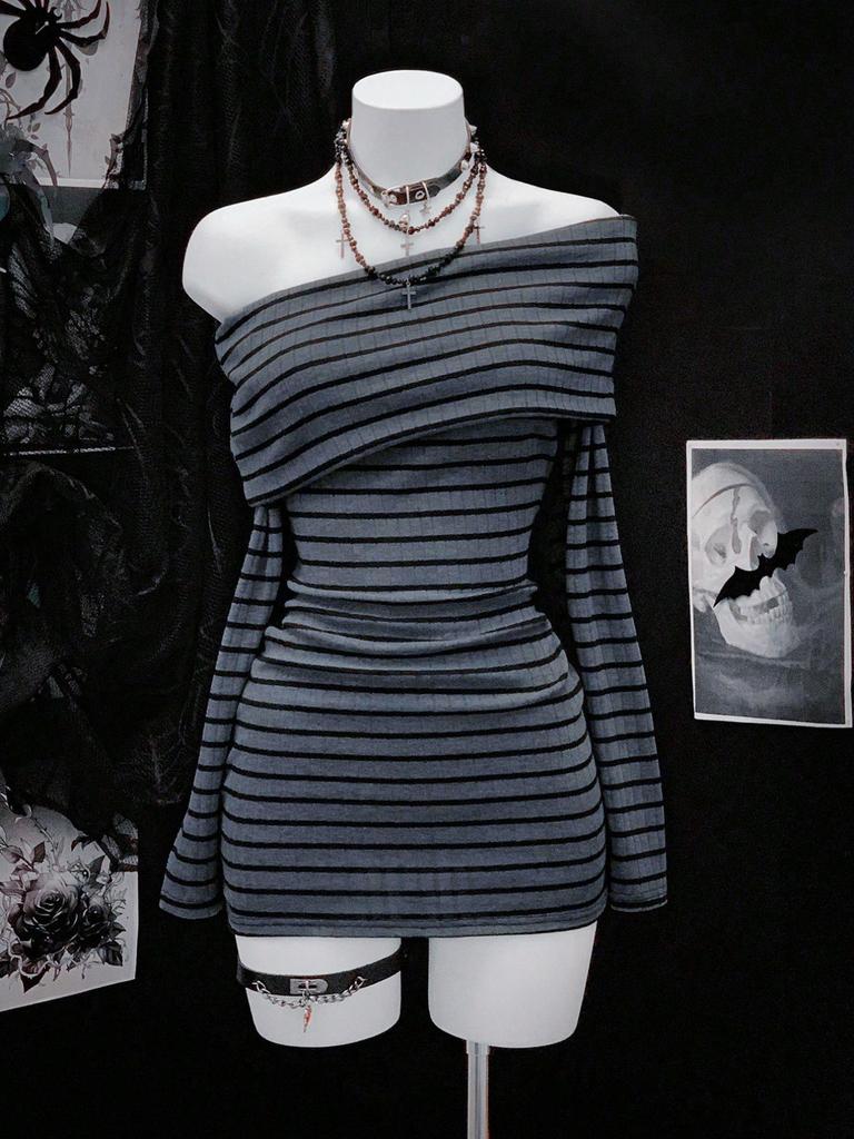 Autumn Winter Off-Shoulder Striped Long-Sleeve Bodycon Y2K Dress
