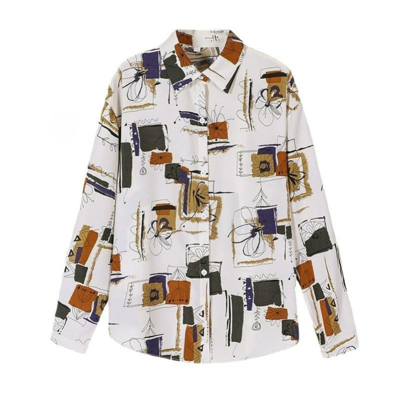 Retro Hong Kong Style Temperament Chiffon Long-sleeved Printed Shirt Women's Blouse Popular Loose Design Sense Niche