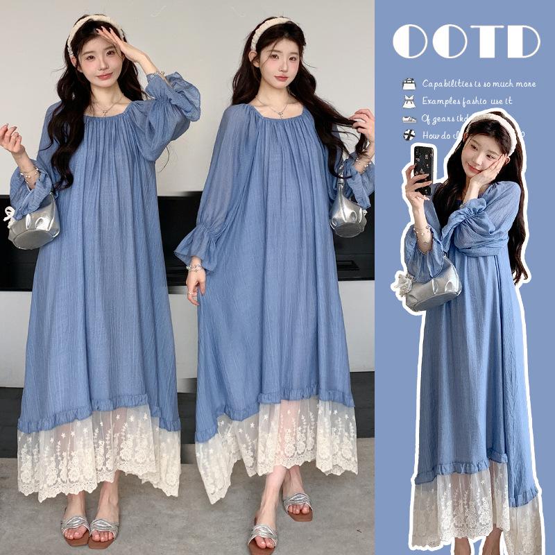 Elegant Korean-Style Maternity Dress - Spring 2026 Collection, Loose Fit, Blue Patchwork Lace. M