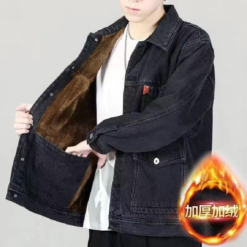 Fleece thickened denim loose pockets wear-resistant multi-cold and windproof jacket feeling top winter