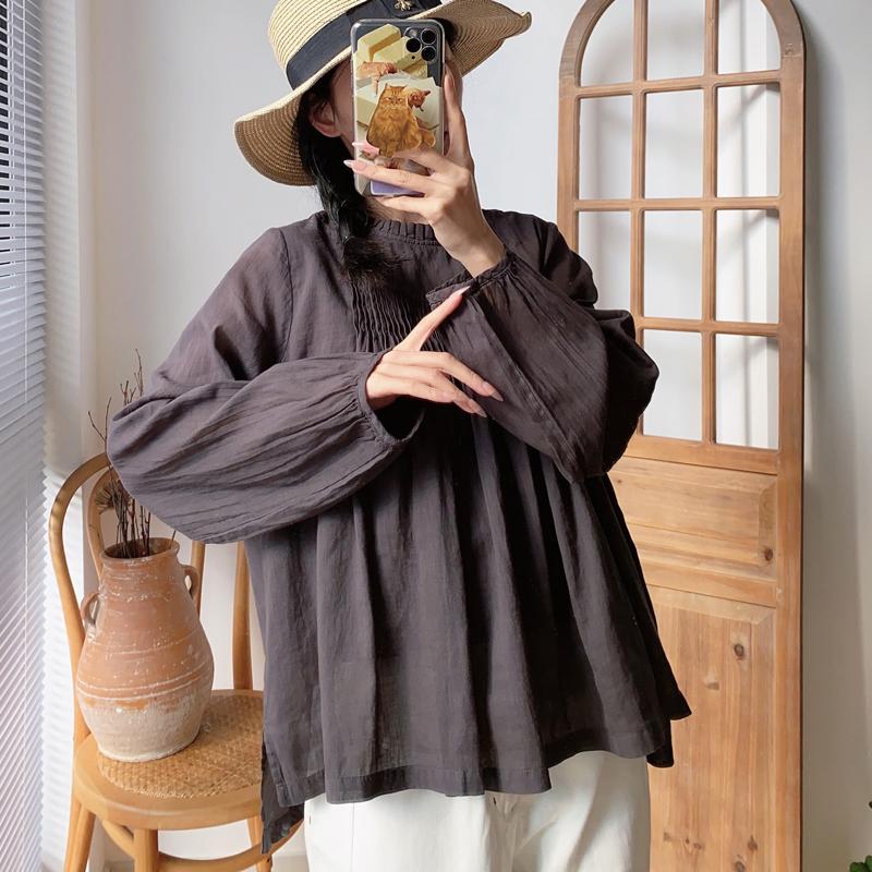 Johnature Spring Ramie Shirts Vintage Korean  Ruffled Double Lace Stand Collar Pullover Loose Irregular Women Blouses