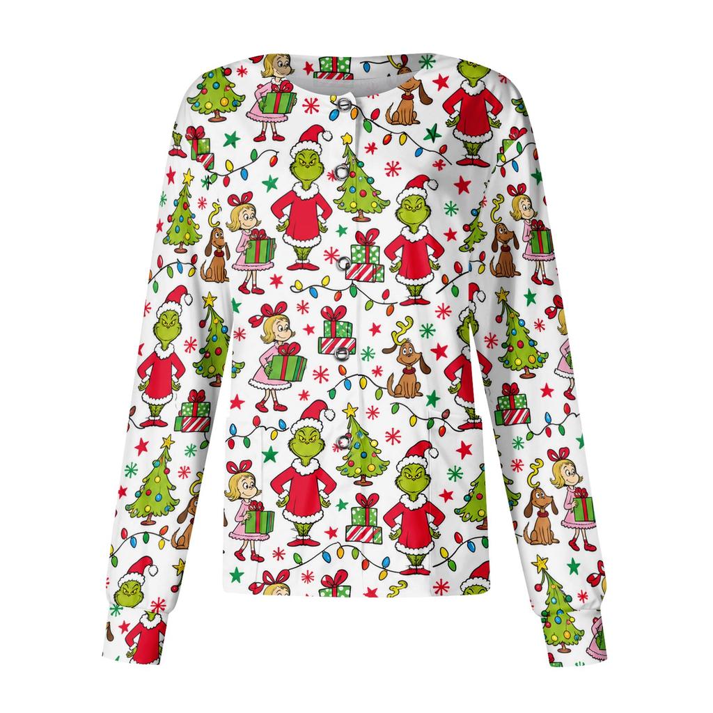 Women's Casual Long Sleeve Button Front Christmas Print Scrub Top for Work