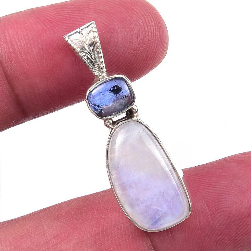 

Natural Rainbow Moonstone, Kyanite 925 Solid Sterling Silver Pendant 1.25 Z0O30