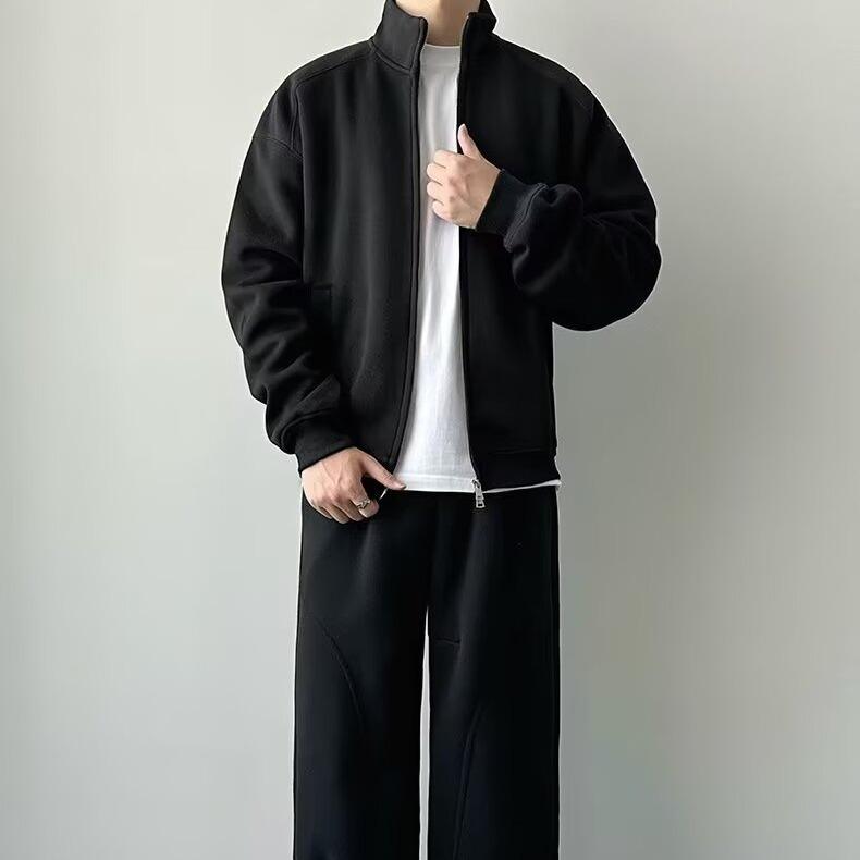 2025 Autumn Men's Gray Heavyweight Solid Color Stand Collar Hoodie Jacket