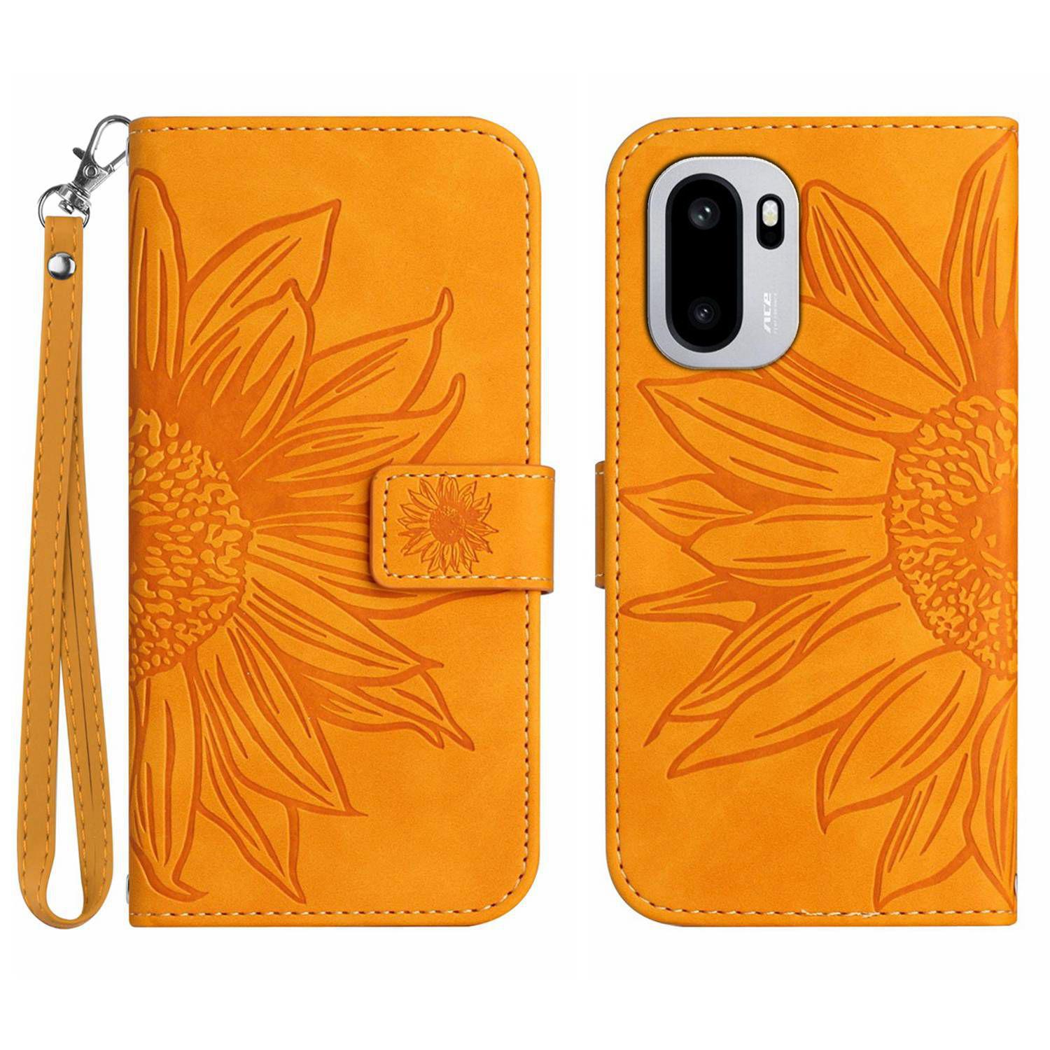 For OnePlus 15R 5G Case Sunflower Imprint Leather Wallet Phone Cover with Wrist Strap