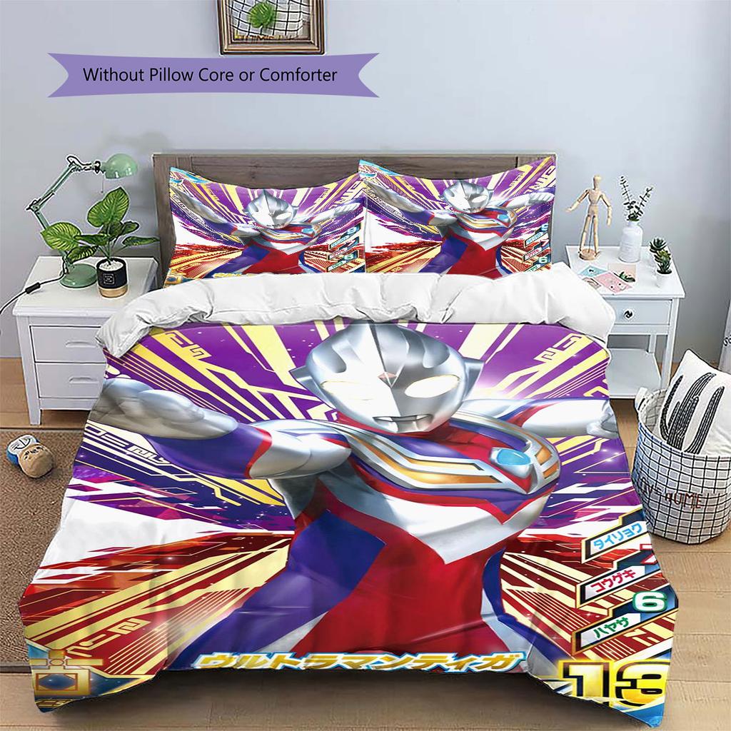 Three-piece cartoon Ultraman Tiga printed bedding set,(1*Duvet Cover + 2*Pillowcase, Without Core) suitable for bedroom use.