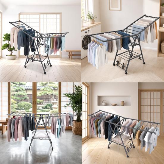 Space Saving Drying Rack Heavy Duty Foldable Floor-standing Clothes with Wheels & Shoe Rack Wing Type Sturdy 200lbs Capacity Portable Collapsible