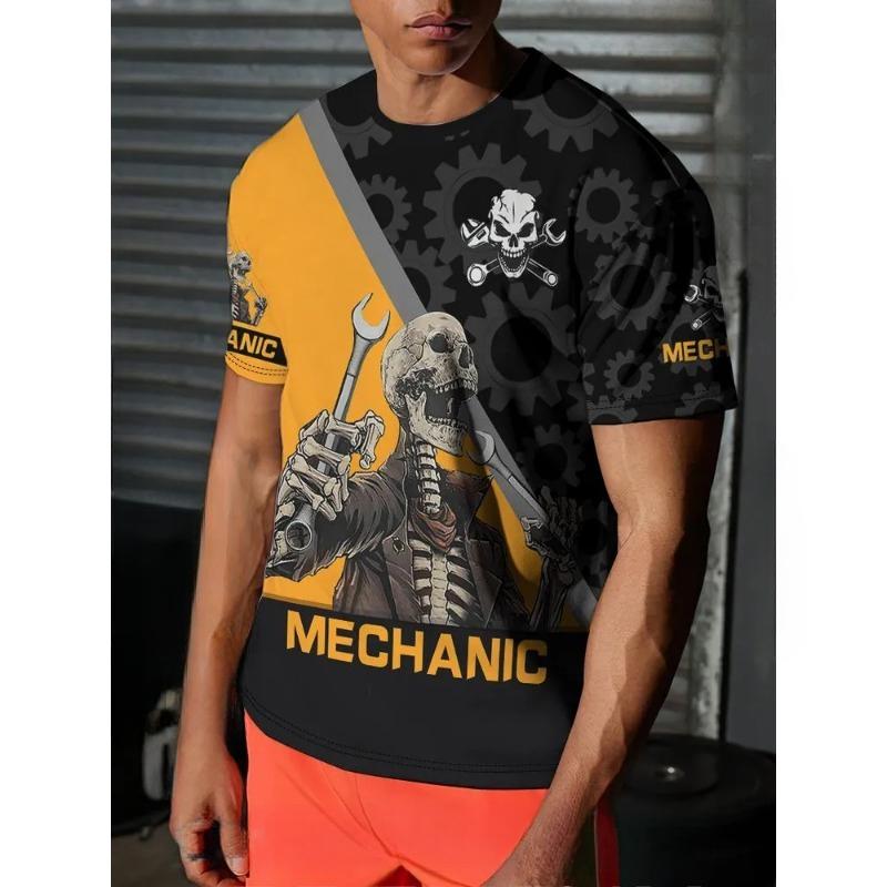 Summer Round Neck Mechanic T-shirts 3D Print Mechanic Engine Graphic Top Fashionable Casual Short Sleeved  Men's T-shirts