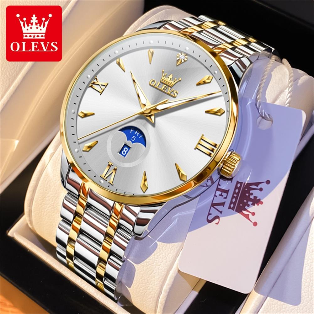 OLEVS 3646 Men's Watches Silver Solid Steel Strap Week Calendar Display Minimalist Luxury Original Quartz Wrist Watches for Man