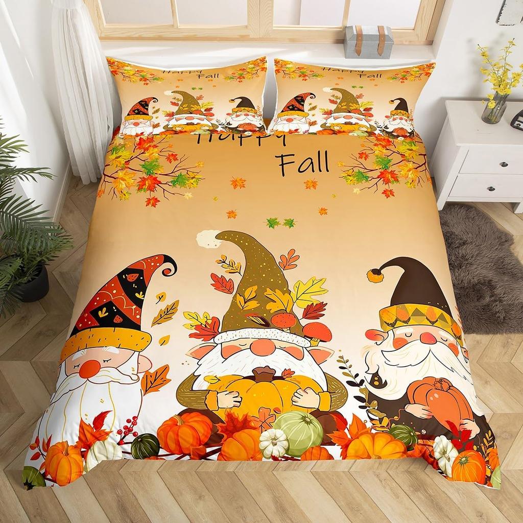 Fall Maple Leaves Duvet Cover King Autumn Harvest Theme Bedding Set Cartoon Christmas Santa Thanksgiving Pumpkin Comforter Cover