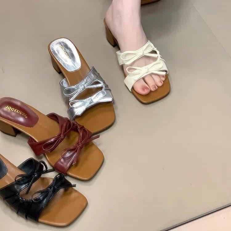 Small Heel With Sandals Slippers Women'S Summer Wear Low Soft-Soled Sandals Bow French Skirt