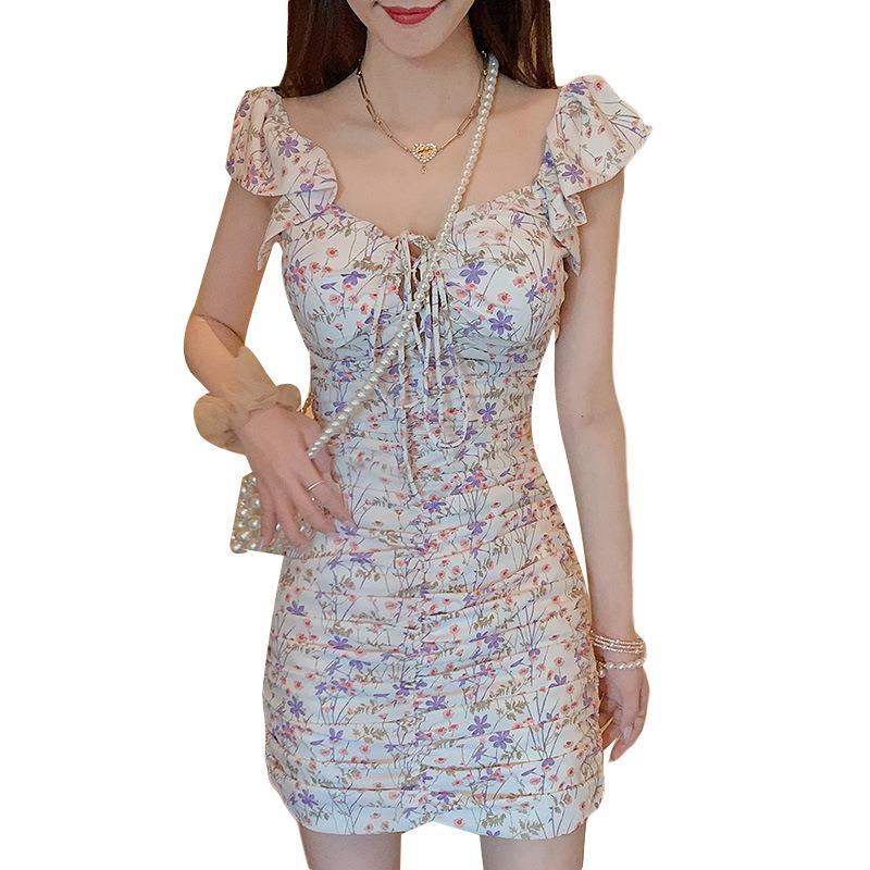 Summer Dress Women's Feminine Low-cut Slim Hip Pleated Floral Chiffon Skirt