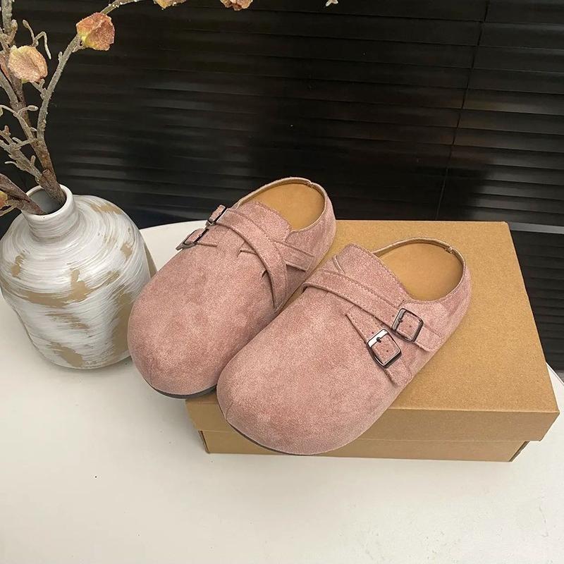 Fashion Scrub Soft Leather Bag Head Half Slippers Women's All-match Round Toe Deep Mouth Metal Buckle Platform Flats