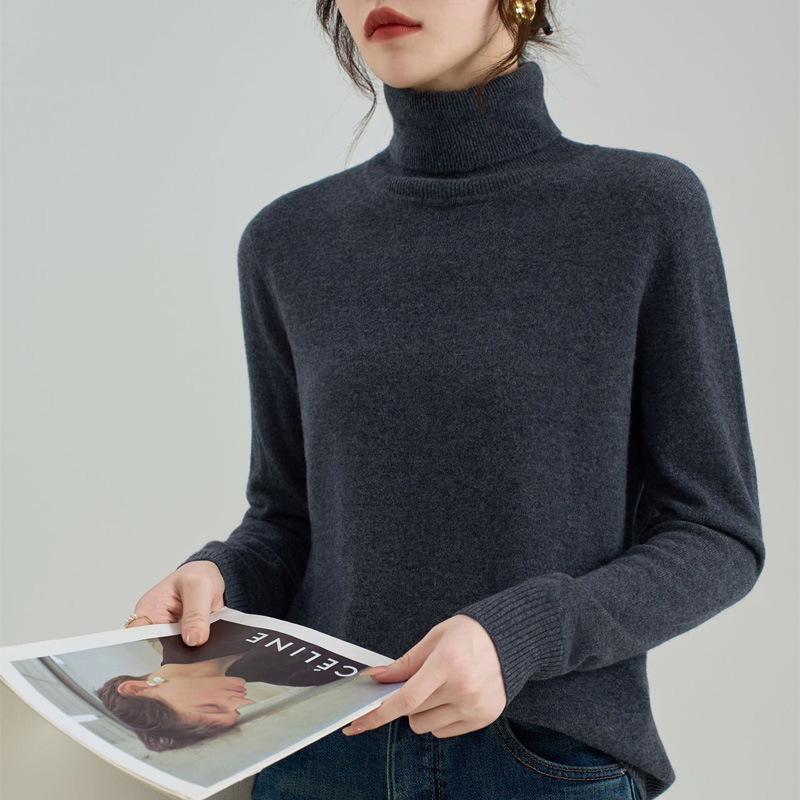 Women's Pure Wool High Neck Pullover: Warm Autumn/Winter Base Layer Long Sleeve Sweater