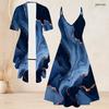 Women Plus Size Two Piece Set Marble Printed Short Sleeve Cardigan V Neck Strappy Flared Dress