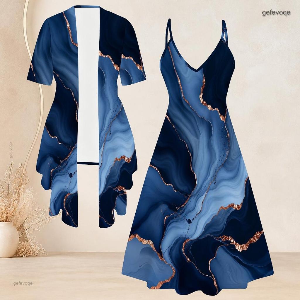 Women Plus Size Two Piece Set Marble Printed Short Sleeve Cardigan V Neck Strappy Flared Dress
